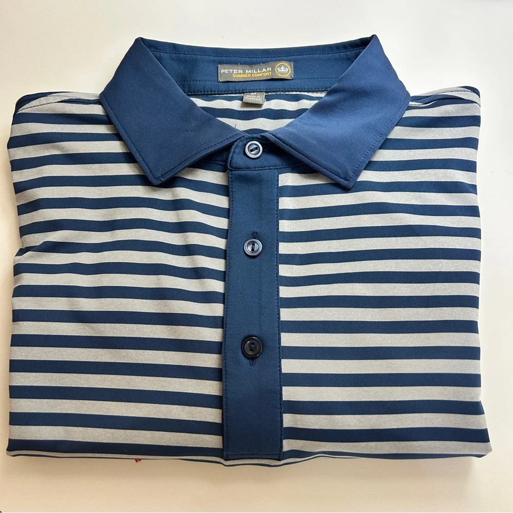 Peter Millar Summer Comfort Blue and Grey Striped Polo Size M - Picture 9 of 9